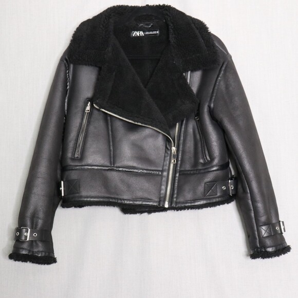 ZARA Aviator Biker Jacket Womens M Faux Leather Shearling Lined Moto Zip Black - Picture 2 of 16